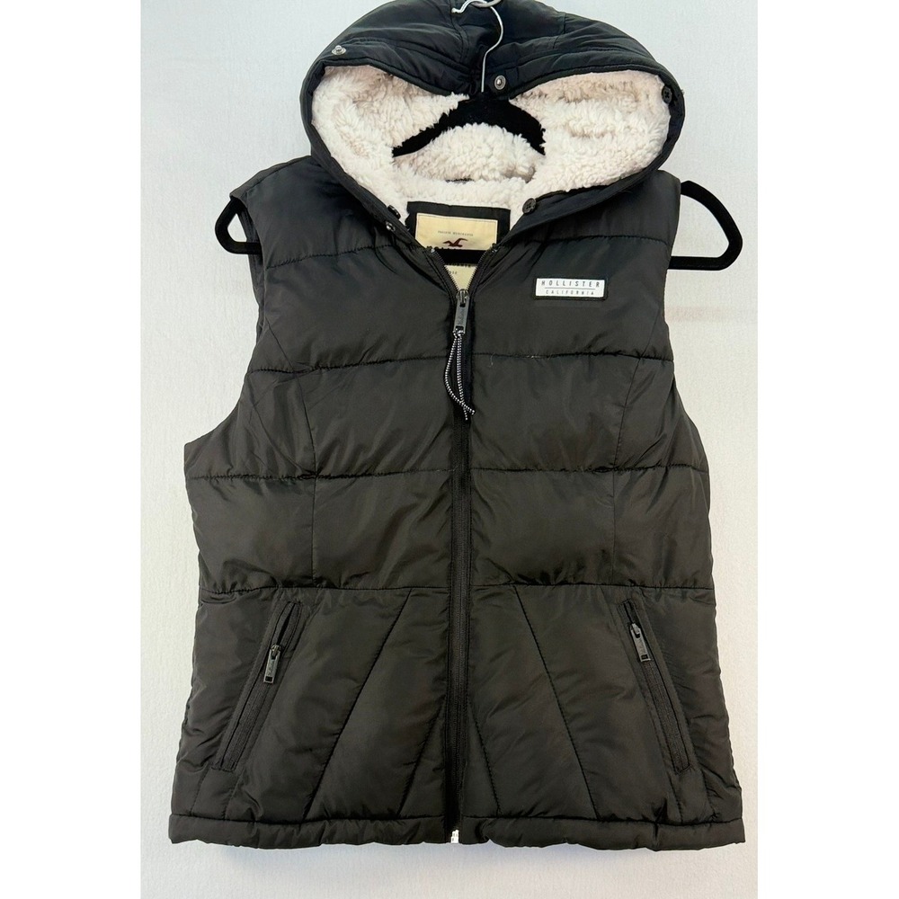 Hollister California Womens Black Puffer Vest Faux Shearling Lined Hooded Medium